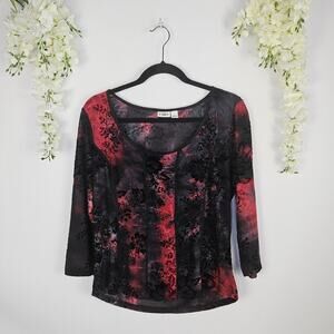 Cato Floral Red Black Burnout Top Sz Large Sheer Gothic Romantic Stretch Blouse